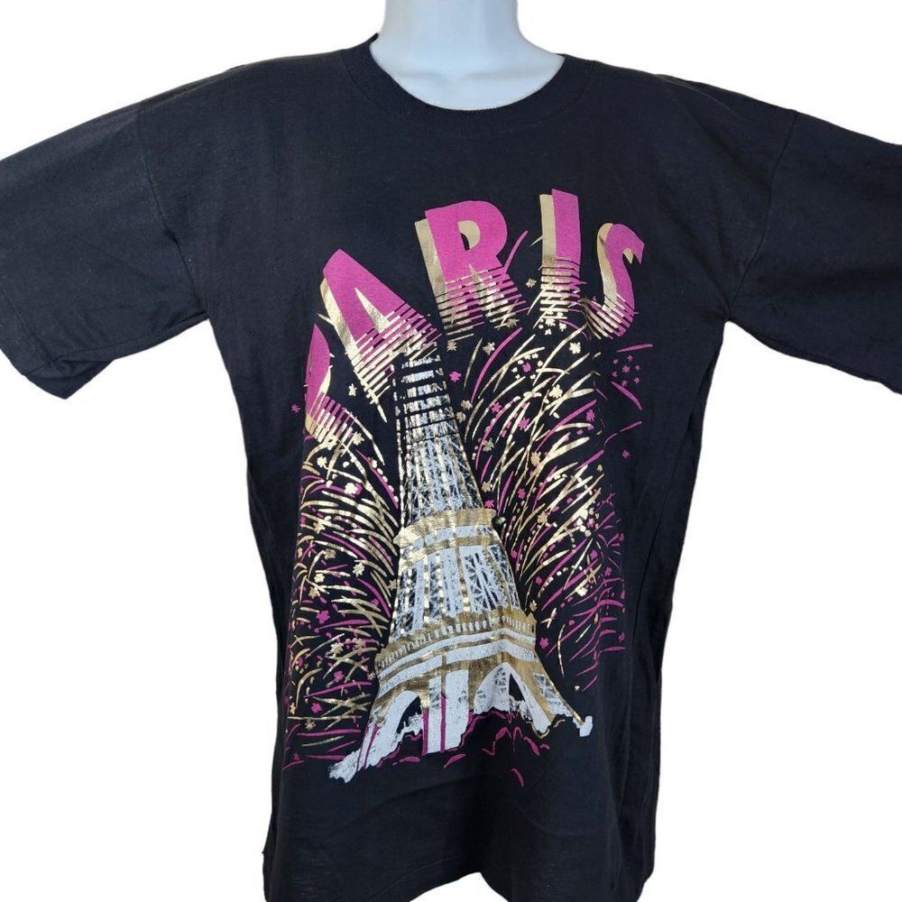 Vintage 80s Paris T-shirt L Black Single Stitch Pink Gold Foil Eiffel Tower